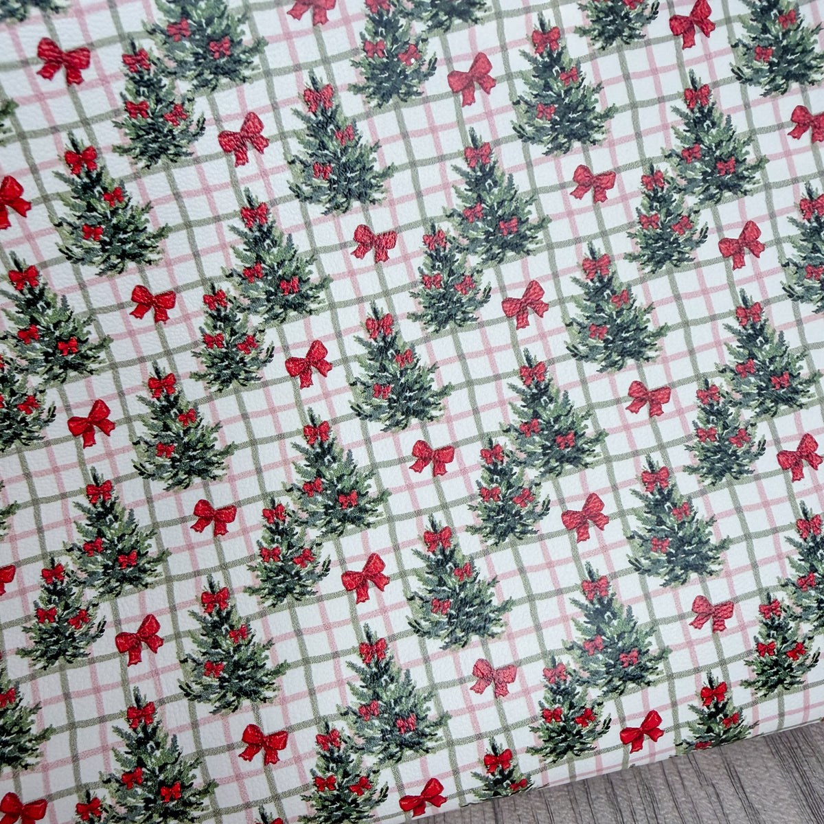 Red Bow Plaid Trees Faux Leather Sheet