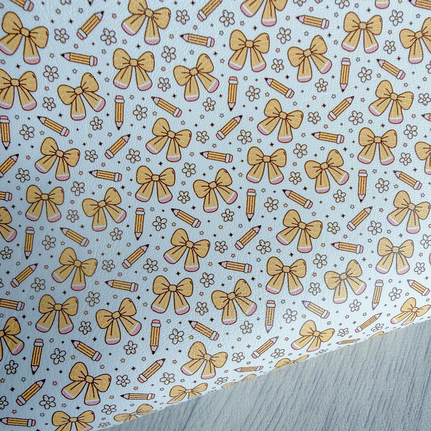 White Pencils & Bow Faux Leather Sheet
