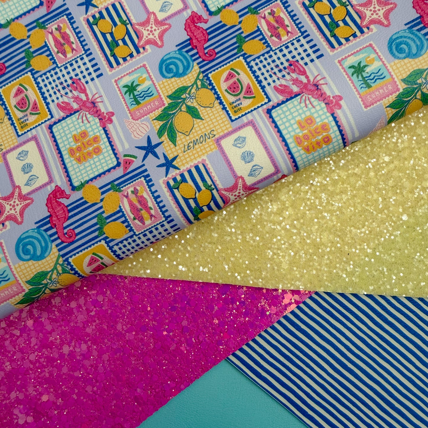 Colourful glitter fabric faux leather with various patterns including sea stars, lemons, and stripes.