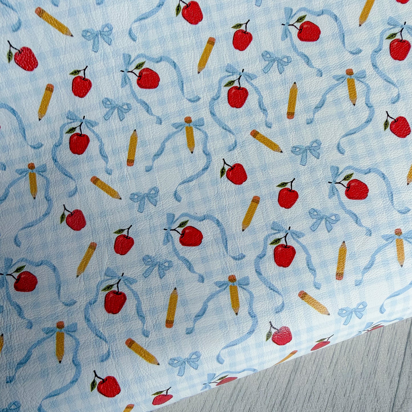 Blue Gingham Apples & Pencils Faux Leather Sheet