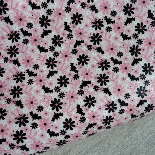 Pink Floral Bats Faux Leather Sheet