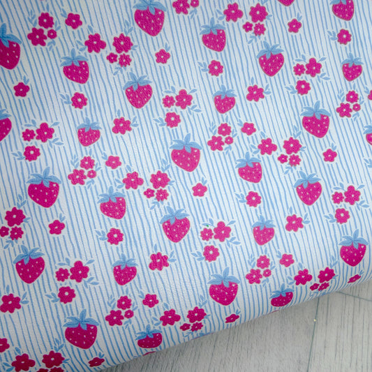 Strawberry Stripy Floral Blue Faux Leather
