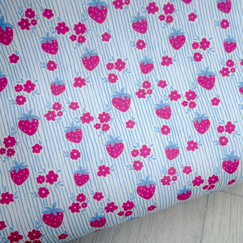 Strawberry Stripy Floral Blue Faux Leather
