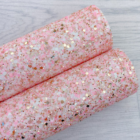 Pink gold white chunky glitter material 